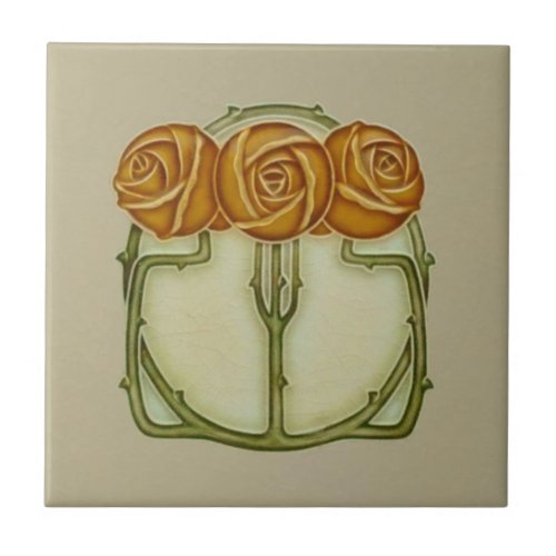 3 Roses Art Nouveau Repro Antique Ceramic Tile