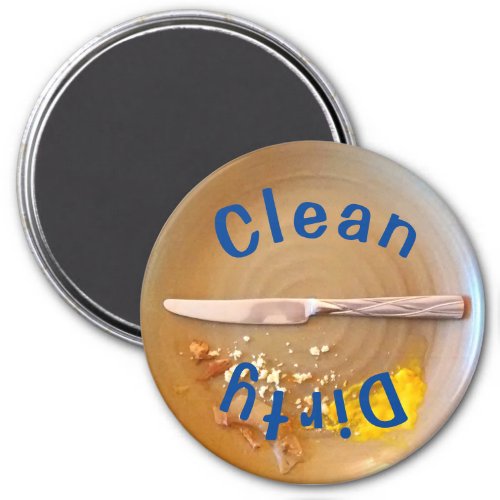 3 Round CleanDirty Plate Blue Text Dishwasher Magnet