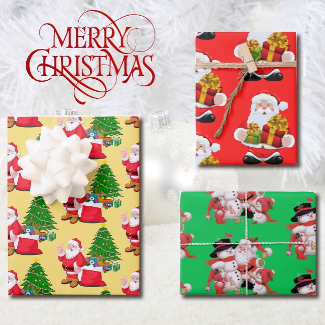 3 Santa Claus Red Green Background Pretty Gift Wrapping Paper Sheets (Creator Uploaded)