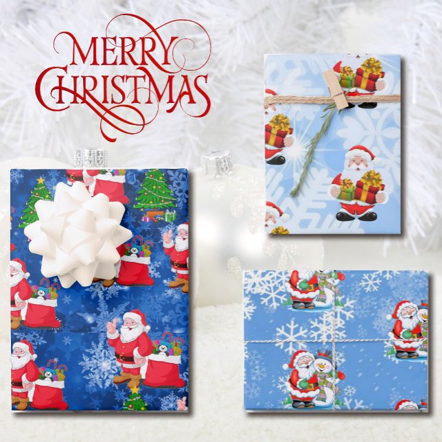 3 Santa Claus with Snow Background Pretty Gift Wrapping Paper Sheets (Creator Uploaded)