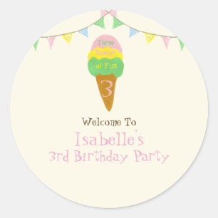 3 Scoops of Fun 3rd Birthday Ice Cream Party  Classic Round Sticker