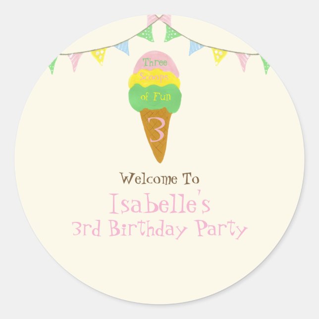 3 Scoops of Fun 3rd Birthday Ice Cream Party  Classic Round Sticker (Front)