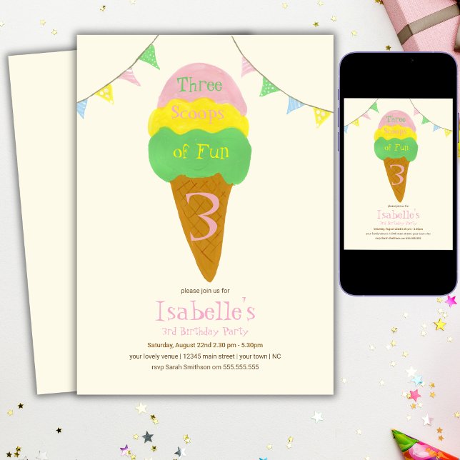 3 Scoops of Fun 3rd Birthday Ice Cream Party  Invitation (Creator Uploaded)