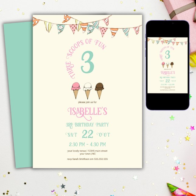 3 Scoops of Fun 3rd Birthday Ice Cream Party  Invitation (Creator Uploaded)