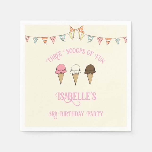 3 Scoops of Fun 3rd Birthday Ice Cream Party  Napkins (Front)