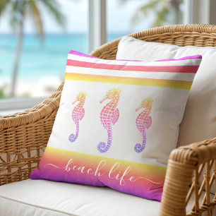 3 seahorses pink purple ombre beach life script throw pillow