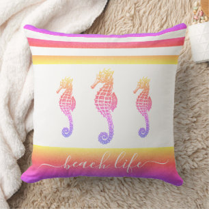 3 seahorses pink purple ombre beach life script throw pillow