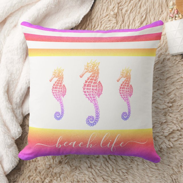 3 seahorses pink purple ombre beach life script throw pillow (Blanket)