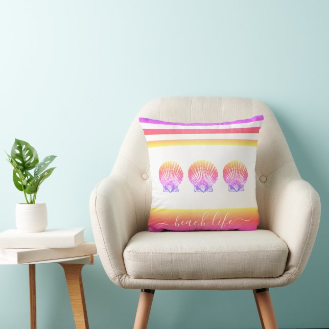 3 seashells beach life purple yellow ombre script throw pillow (Chair)