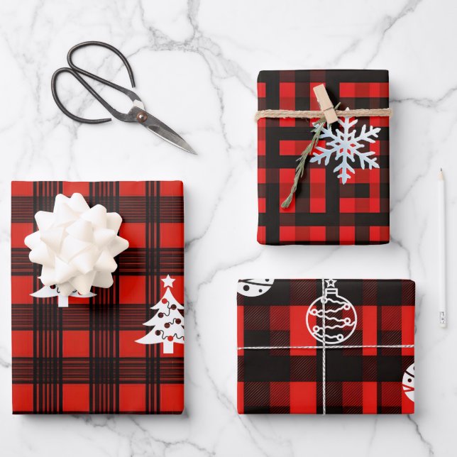 3-Set Buffalo Plaid Christmas Wrapping Paper  (Front)