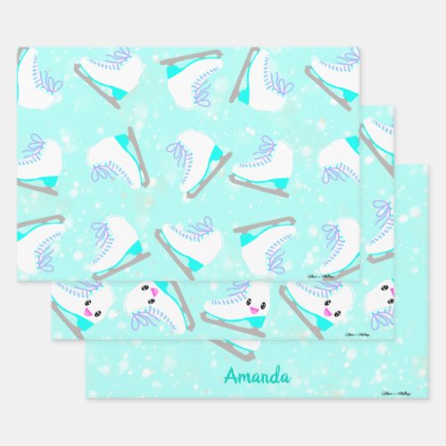 3_SET Personalized Ice Skating Patterns Blue Gift Wrapping Paper Sheets