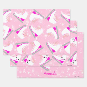 3-SET Personalized Ice Skating Patterns Pink Gift Wrapping Paper Sheets