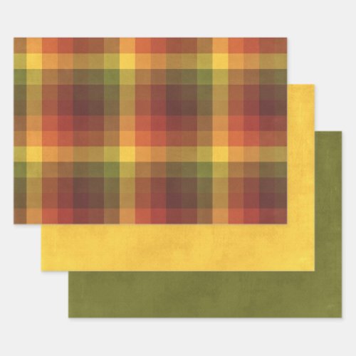 3 Sheet Autumn Green Orange Yellow Checkered 
