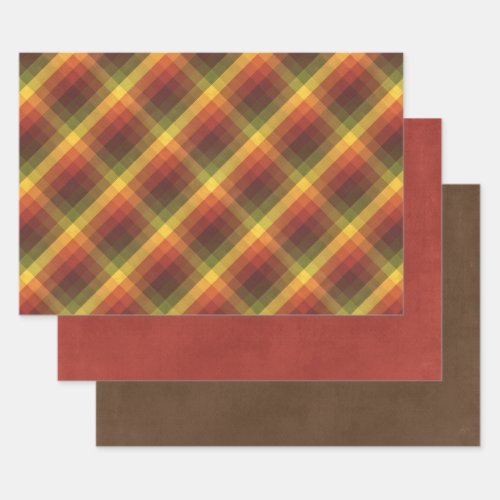 3 Sheet Autumn Orange Brown Red Checkered Plaid