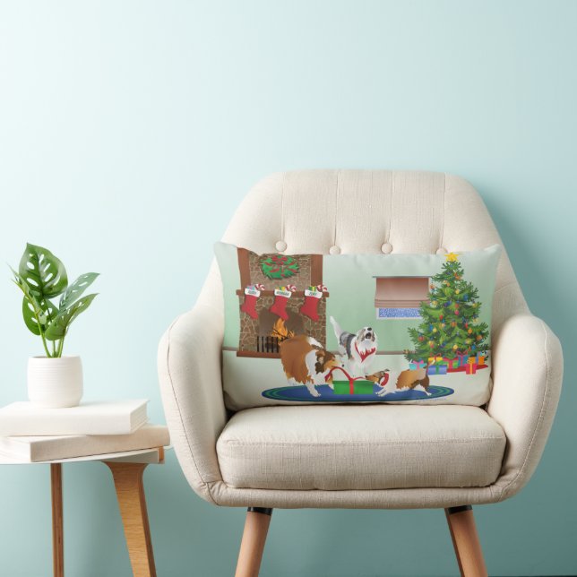 3 Shelties Unwrap A Gift, Green, Christmas Holiday Lumbar Pillow (Chair)