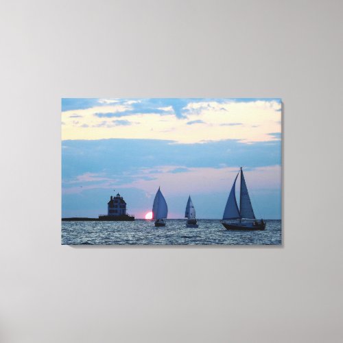 3 Ships at Sunset Wrapped Canvas Print