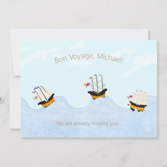 3 Ships Sailing on the Rolling Sea Personalized Note Card (Front)