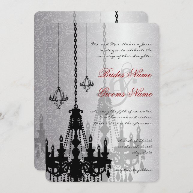 3 Silver & Black Chandeliers Damask Wedding Invite (Front/Back)