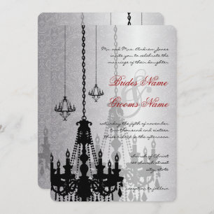 3 Silver & Black Chandeliers Damask Wedding Invite
