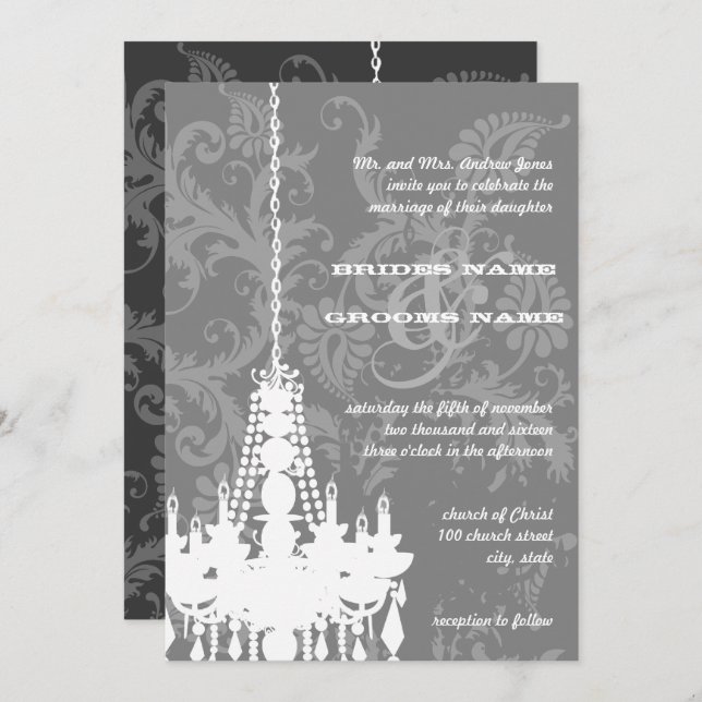 3 Silver & Gray Chandeliers Damask Wedding Invite (Front/Back)