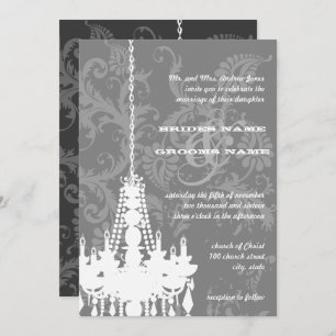 3 Silver & Gray Chandeliers Damask Wedding Invite