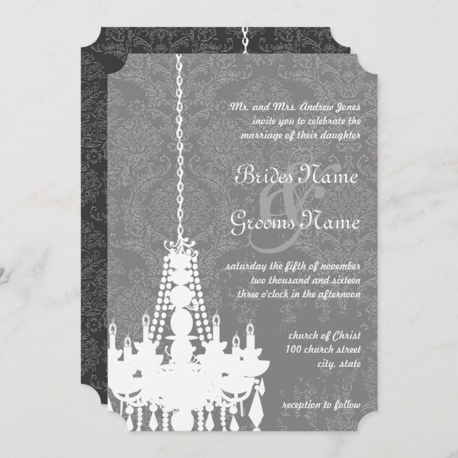 3 Silver & Gray Chandeliers Damask Wedding Invite (Front/Back)