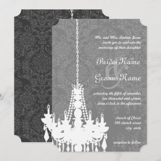 3 Silver & Gray Chandeliers Damask Wedding Invite