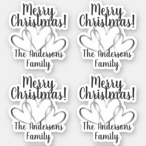 3 Silver Hearts Merry Christmas Personalized Name Sticker