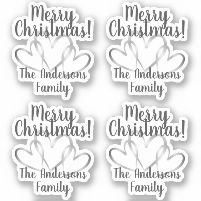 3 Silver Hearts Merry Christmas Personalized Name Sticker (Front)