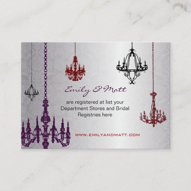 3 Silver Red & Black Chandeliers Damask Wedding Enclosure Card (Front)