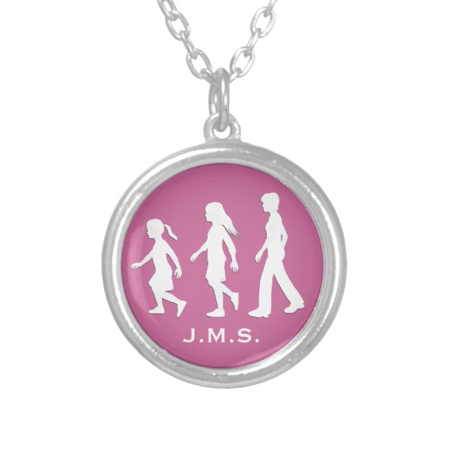 3 Sisters: Silhouettes of 3 Girls Silver Plated Necklace (Front)