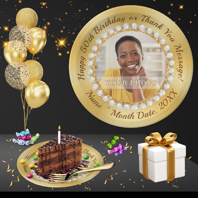 3 Sizes of Photo and  Personalized, 50th Birthday Paper Plates (50th Birthday Paper Plates. Pearls and Glitter Surround her PHOTO. Happy 50th Birthday Decorations,)