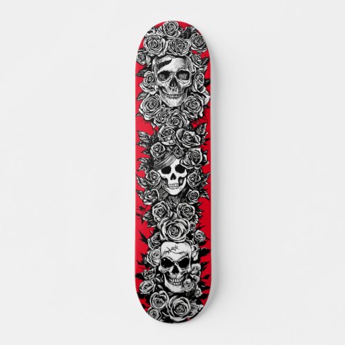 3 skull Faces with roses Goth Punk Art drawings Skateboard