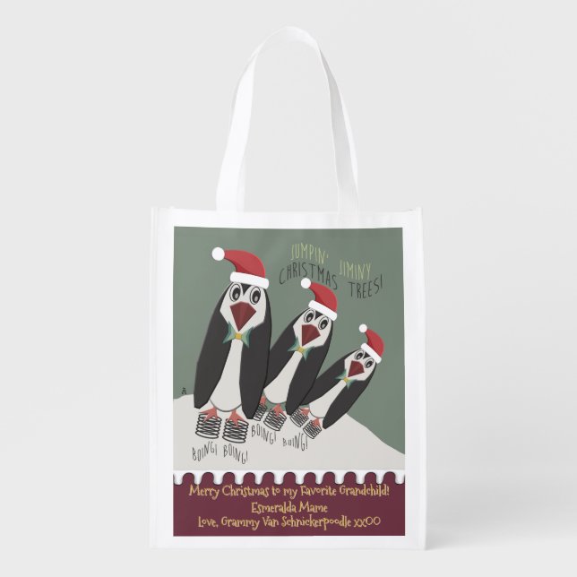 3 Springy Penguins - Personalized Reusable Grocery Bag (Front)