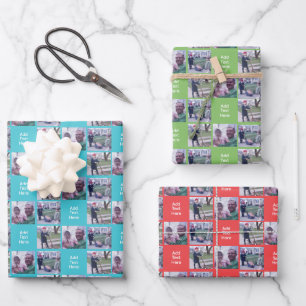 3 Square Photo Collage with Text - blue green Wrapping Paper Sheets