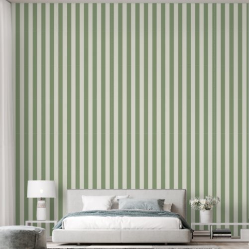 3 Stripe Earthy Sage Green  Ivory White Wallpaper