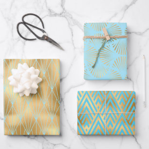 3 Styles of Gold, Teal & Light Blue Art Deco Wrapping Paper Sheets
