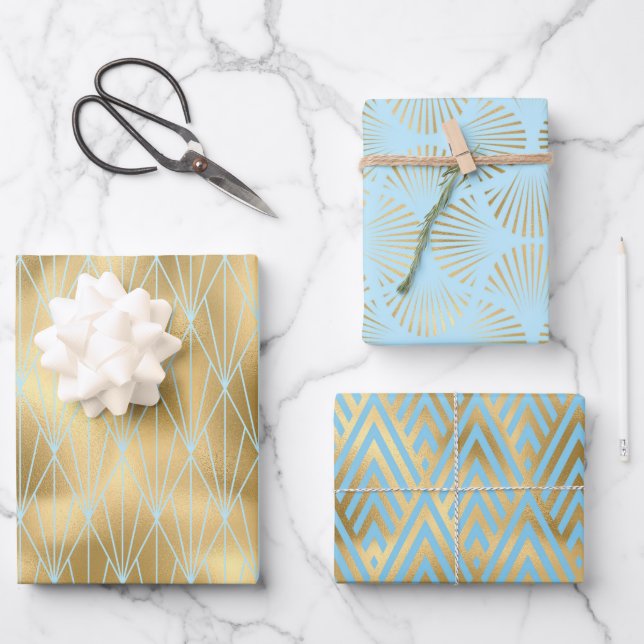 3 Styles of Gold, Teal & Light Blue Art Deco Wrapping Paper Sheets (Front)