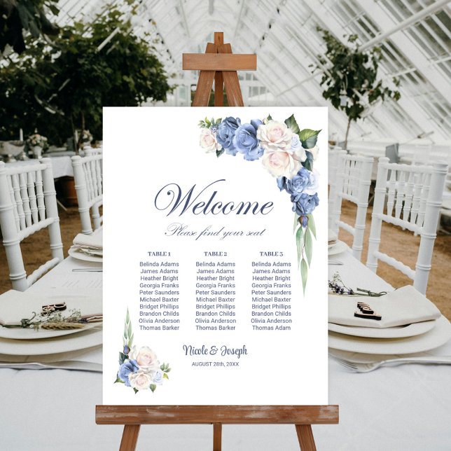 3 Table Blue White Floral Wedding Seating Chart Foam Board (Creator Uploaded)