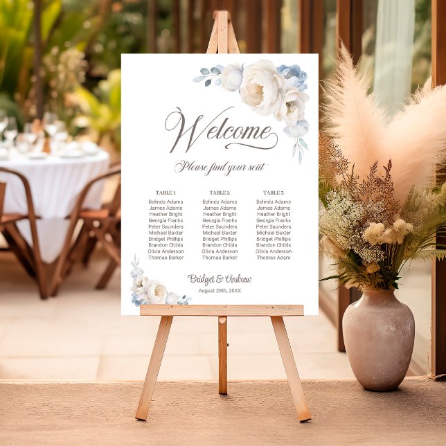 3 Table Blue White Floral Wedding Seating Chart Foam Board (Creator Uploaded)