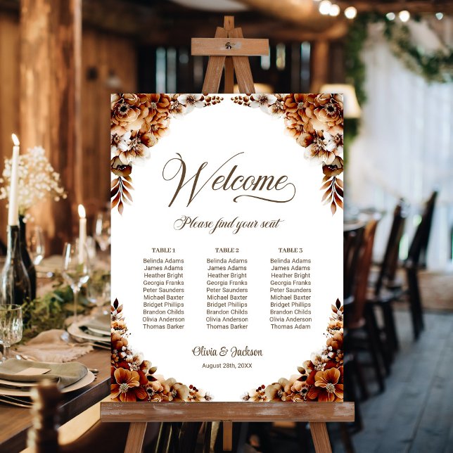 3 Table Burnt Orange Floral Wedding Seating Chart Foam Board (Creator Uploaded)