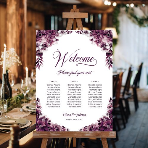 3 Table Plum Pink Floral Wedding Seating Chart Foam Board
