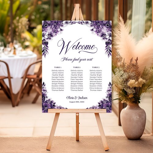 3 Table Purple Floral Wedding Seating Chart Foam Board