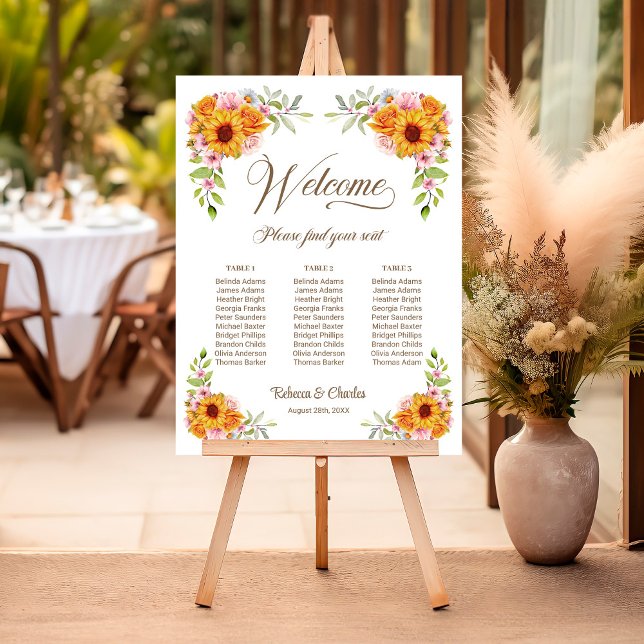 3 Table Sunflower Rose Wedding Seating Chart Foam Board (Creator Uploaded)
