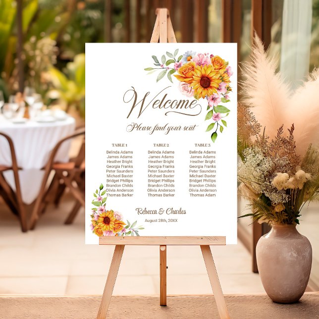 3 Table Yellow Pink Floral Wedding Seating Chart Foam Board (Creator Uploaded)