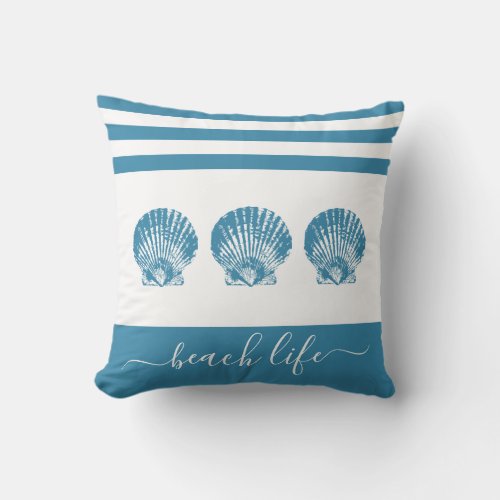 3 teal blue seashells beach life script modern throw pillow