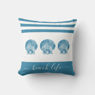 3 teal seashells stripes beach life script modern throw pillow