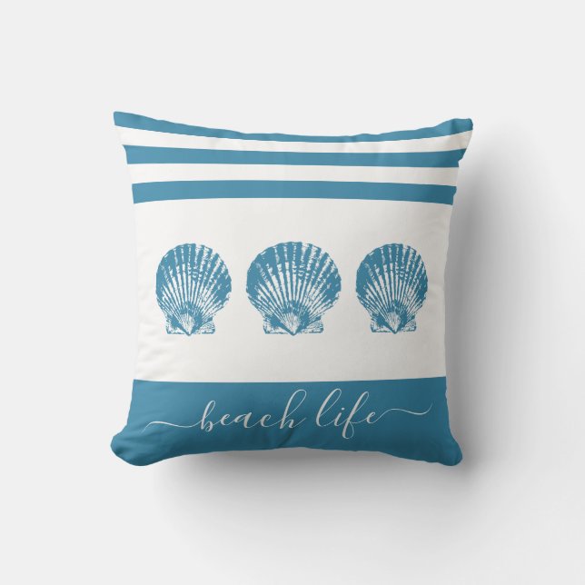 3 teal seashells stripes beach life script modern throw pillow (Front)