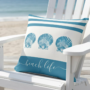 3 teal seashells stripes beach life script modern throw pillow