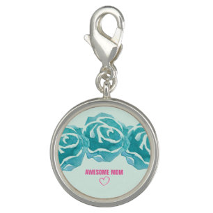 3 Teal Watercolor Roses Awesome Mom Charm